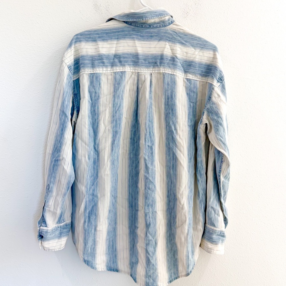 Faherty Linen Oversized Stripe Coastal Boho Button Down Shirt Blue White XS - Picture 2 of 6